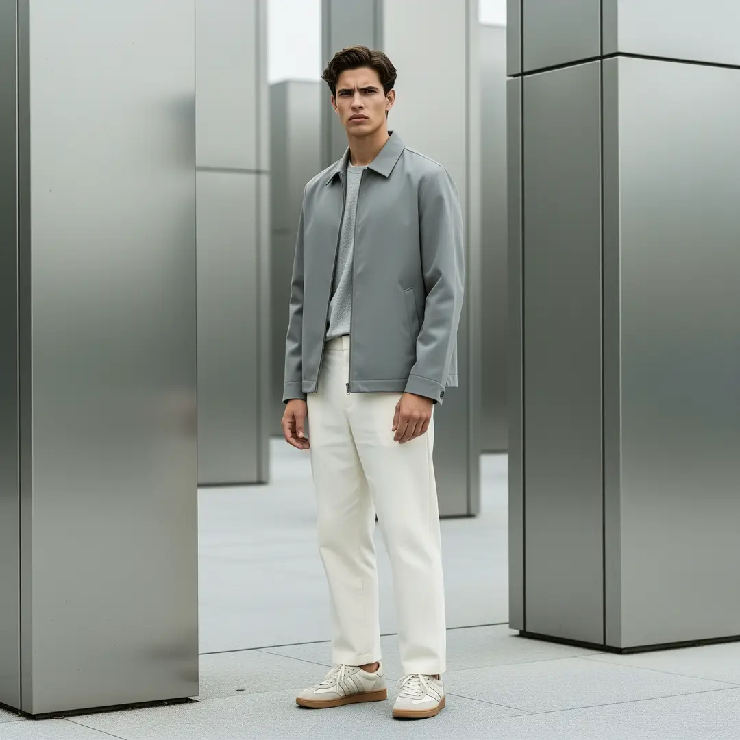 A streetwear lookbook shot with balanced polish, clear wardrobe direction, and a distinct campaign tone.