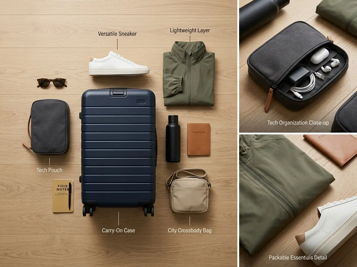 A multi-reference travel essentials board showcasing coordinated product styling and clear grounded context.