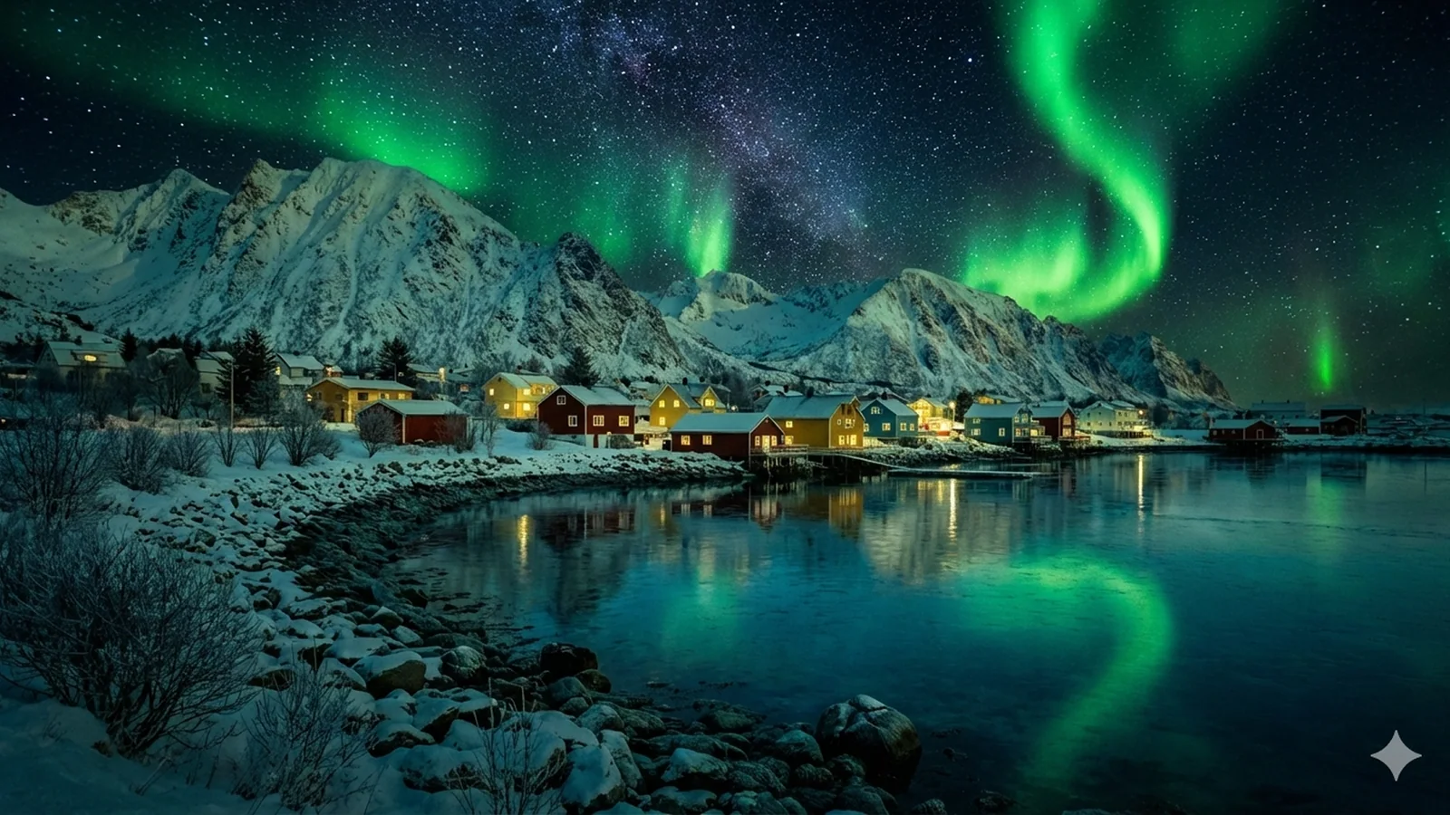 A snow-covered harbor village beneath a bright green aurora reflected in calm water