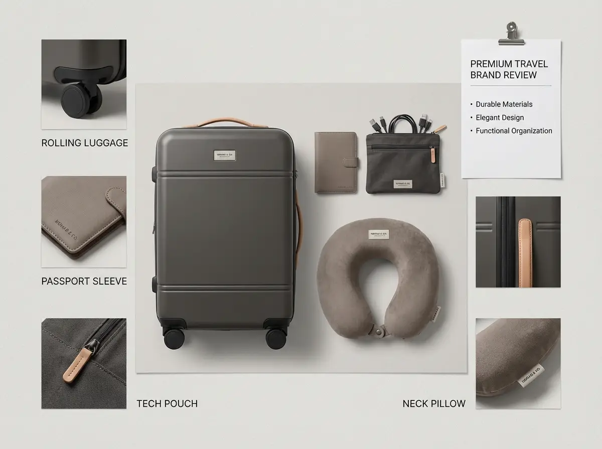 A travel kit design board combining luggage, accessories, and coordinated color direction drawn from multiple reference images.