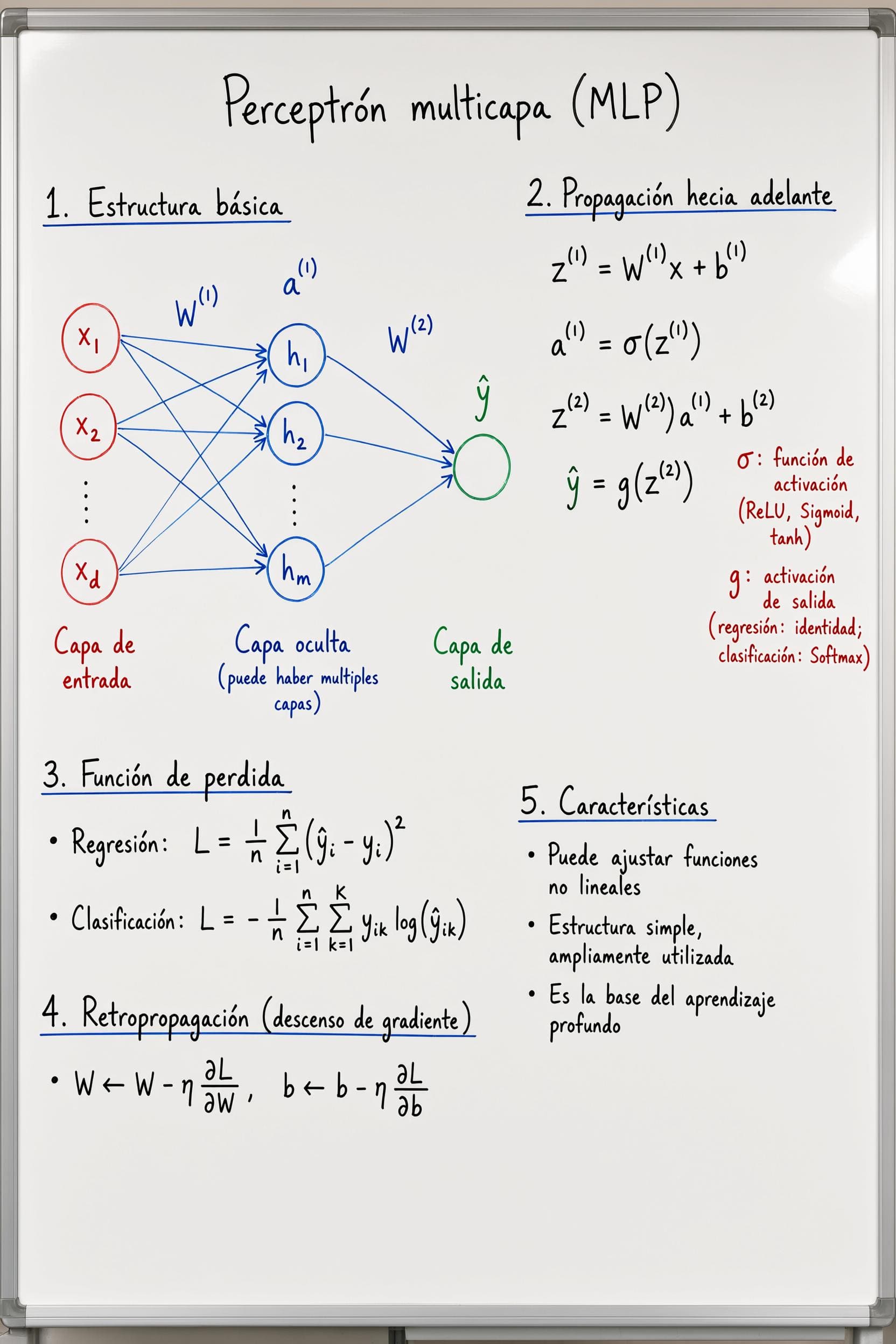 Handwritten notes explaining a multilayer perceptron with diagrams and formulas.