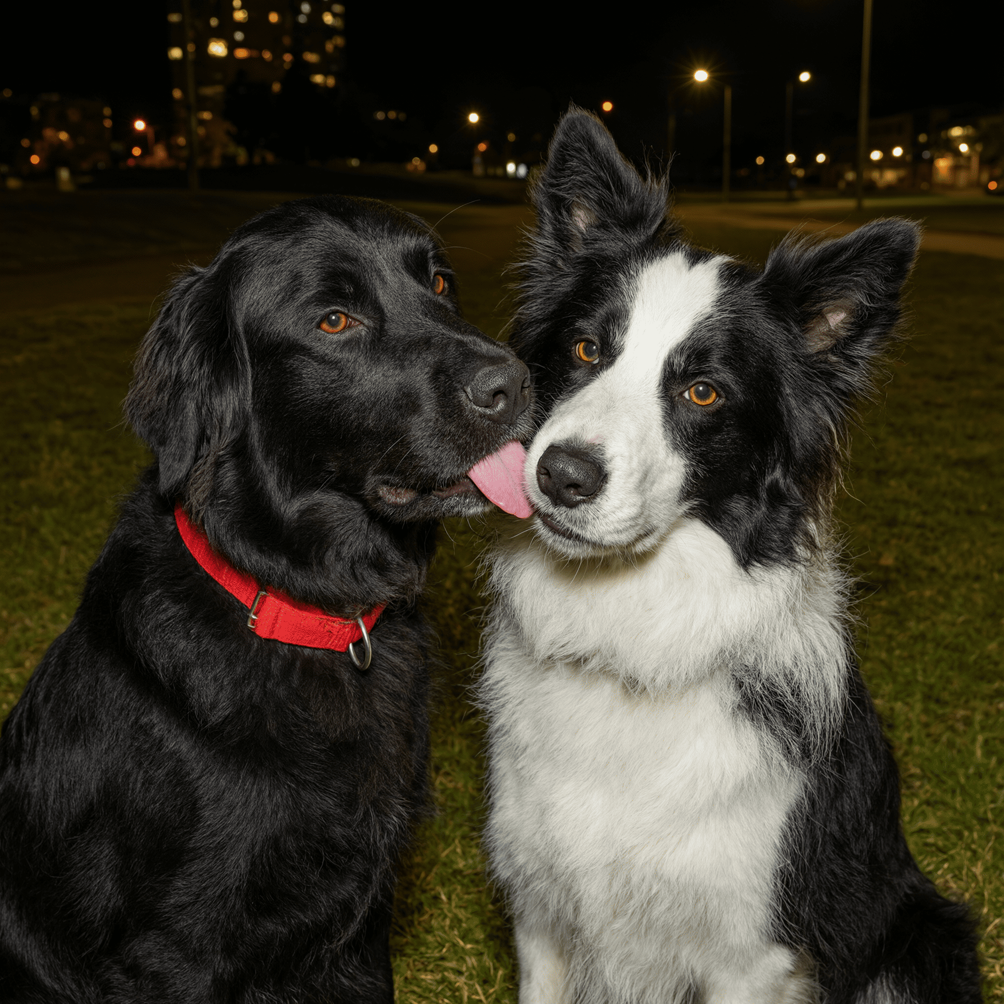 Portrait of two black-and-white dogs outdoors at night.