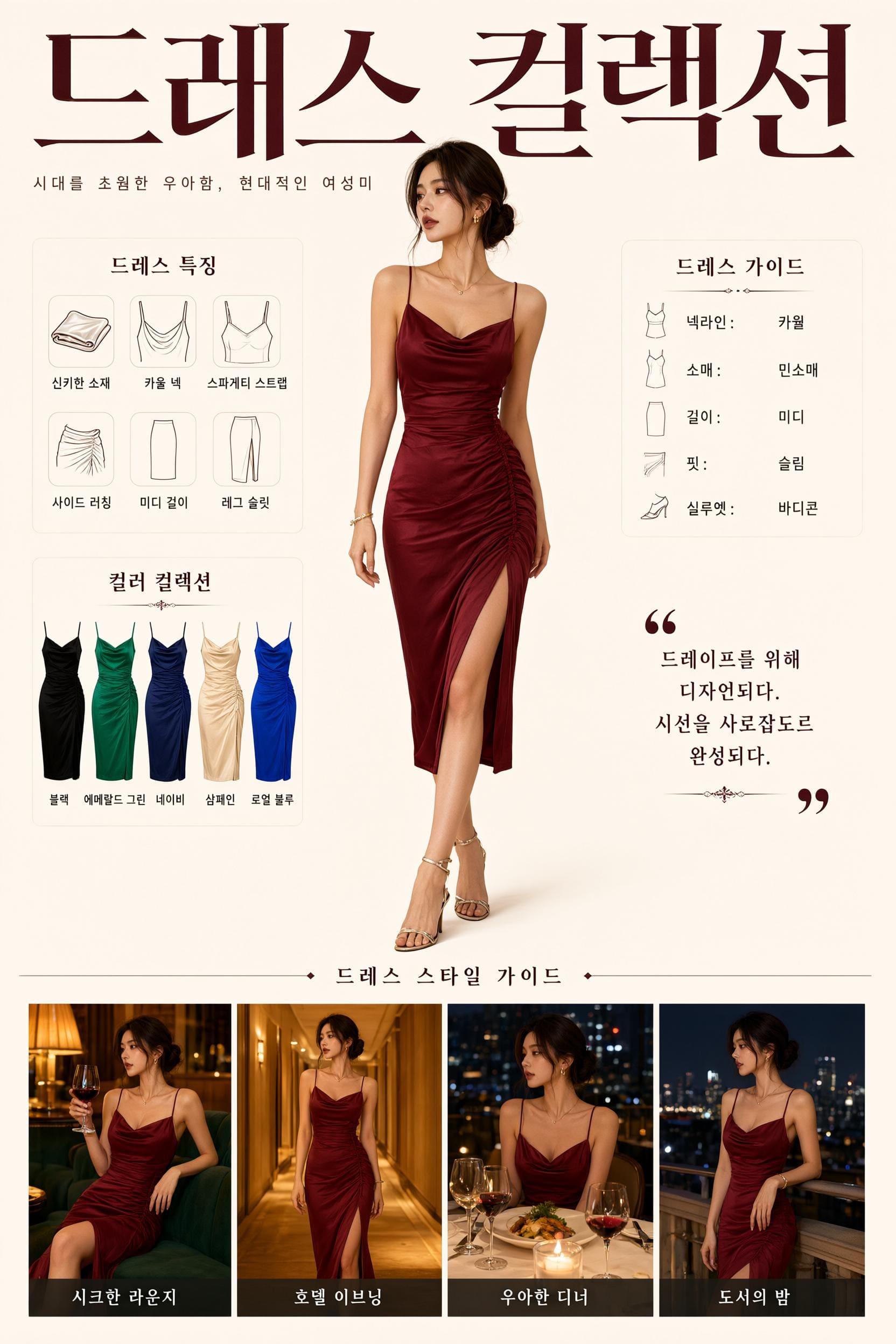 Korean fashion collection infographic with a woman in a red dress and product details.