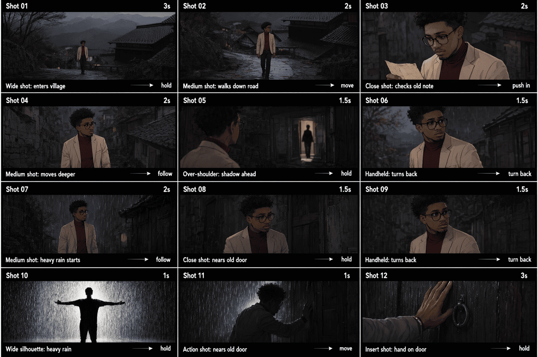 Nine-panel cinematic storyboard with a man in a dark dramatic setting.