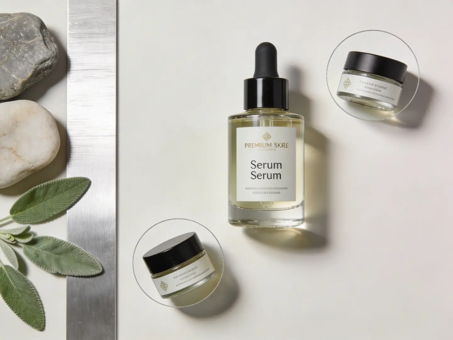 A crisp skincare product review board with a hero bottle, detail crops, and clean, premium material cues.
