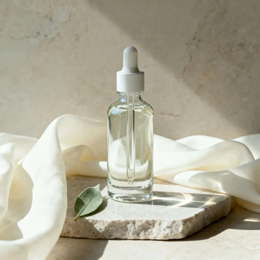 An editorial serum still life with calm palette control and refined product detail.