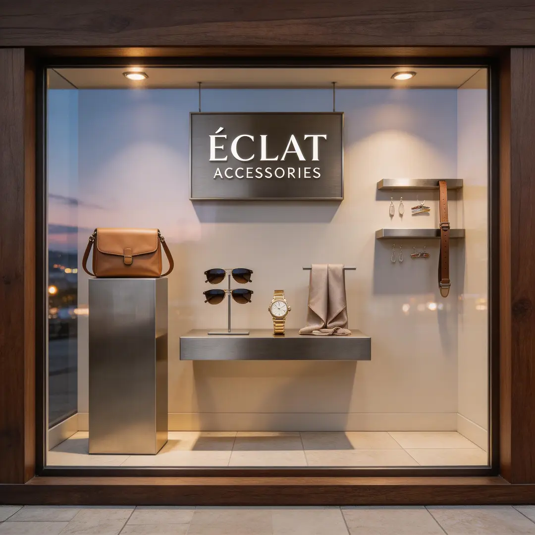 A retail window concept frame featuring polished materials, neat display composition, and a brand-ready atmosphere.